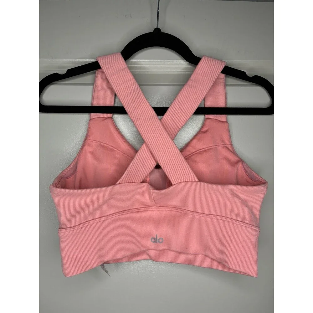 Alo Yoga Emulate Sports Bra in Strawberry Lemonade Size Medium Ribbed Crossback